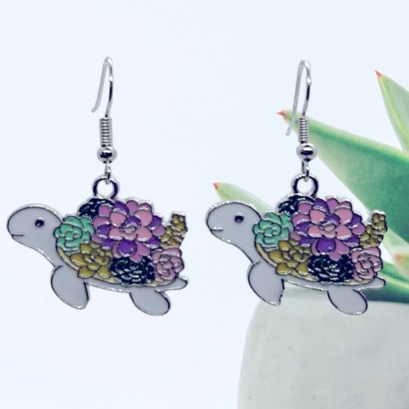 Turtles with a Succulent Plant Shell Charm Dangle Earrings - Picture 6 of 6